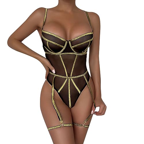 Dessous Grosse Grössen Damen Dessous Mit Strapsen Sexy Unterwäsche, Schleife, Spitze, Dessous, Unterwäsche, Nachtwäsche, Stahlring-Pyjamas, Strumpfband-Dessous-Set, Mesh-Bügel-Dessous-Set, (Gold, M) von Vinesand