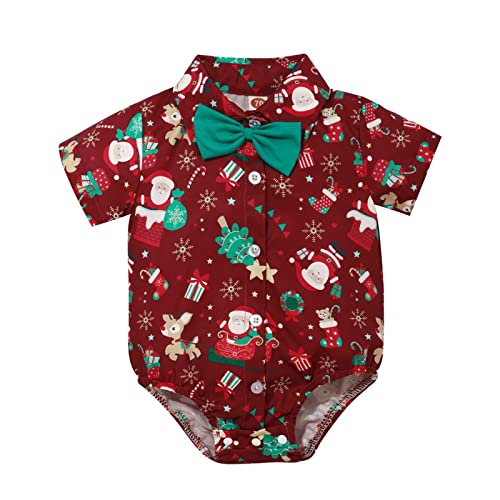 Vinesand Weihnachten Kleidung Neugeborenen Set Neutral Baby Jungen Mädchen Cartoon Print Kurzarm Gentleman Strampler Bodysuit Weihnachtsoutfit (Red, 18-24 Months) Christmas Baby von Vinesand