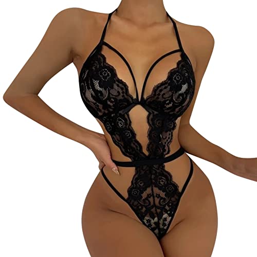 Vinesand sexiuntewäsche für Damen sexy komplett Lustige Dessous für Damen, Bequeme, Dehnbare Spitze, durchsichtiger Patch, sexy Bodysuit Korsage Damen Dessous Set (Z2-Black, S) von Vinesand