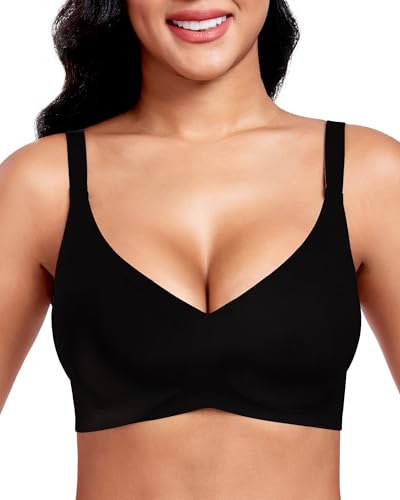 Vinfact Nahtloser BH Damen Ohne Bügel Push up Große Brüste Starker Halt V-Ausschnitt Bügelloser Seamless Bequem T Shirt Schlaf BH(BK,M) von Vinfact