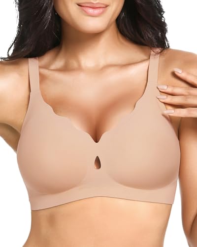Vinfact Bequem BH Damen Ohne Bügel Nahtloser Große Brüste Starker Halt V-Ausschnitt Bügelloser Seamless T Shirt Schlaf BH Creme Kaffee XXL von Vinfact