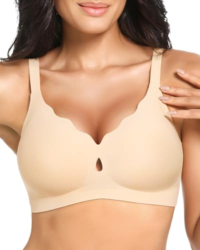 Vinfact Bequem BH Damen Ohne Bügel Nahtloser Große Brüste Starker Halt V-Ausschnitt Bügelloser Seamless T Shirt Schlaf BH Hautfarbe 3XL von Vinfact