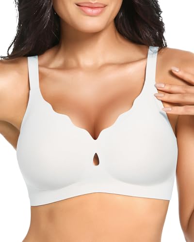 Vinfact Bequem BH Damen Ohne Bügel Nahtloser Große Brüste Starker Halt V-Ausschnitt Bügelloser Seamless T Shirt Schlaf BH Weiß XXL von Vinfact