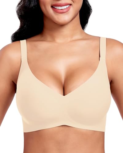 Vinfact Nahtloser BH Damen Ohne Bügel Push up Große Brüste Starker Halt V-Ausschnitt Bügelloser Seamless Bequem T Shirt Schlaf BH (Skin,XXL) von Vinfact