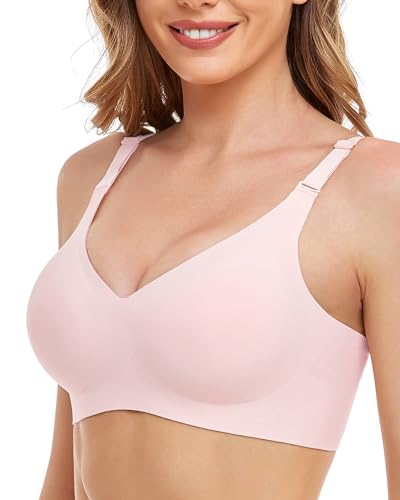 Vinfact Nahtloser Minimizer BH Damen Ohne Bügel V-Ausschnitt Bralette Damen BHS Atmungsaktiver Und Ultrakomfortabler T Shirt Schlaf BH Mit ZusäTzlicher BH-VerläNgerung(Rosa,L) von Vinfact