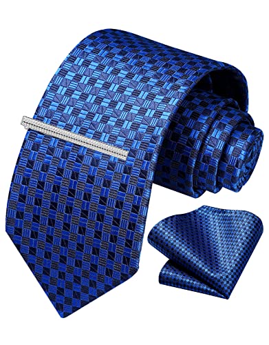 Vinlari Krawatte Blau Herren Krawatte & Einstecktuch krawattenklammer Set Seide Check Krawatte Taschentuch Krawattennadel Elegant Karierte Krawatten für Herren Hochzeitsfeier von Vinlari