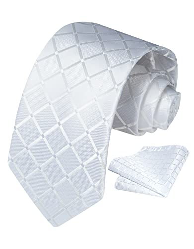 Vinlari Krawatte Weiß Herren Krawatte & Einstecktuch Set Seide Check Krawatte Taschentuch Elegant Karierte Krawatten für Herren Hochzeitsfeier von Vinlari