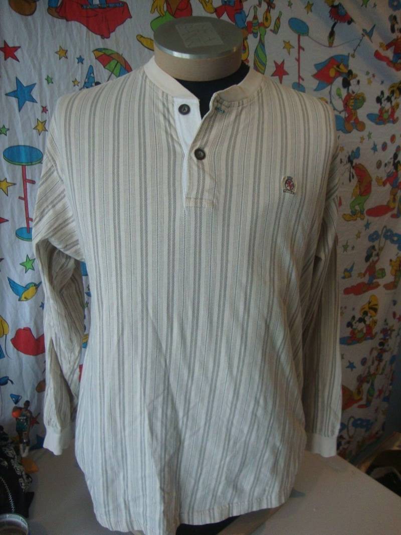 Vintage 90Er Jahre Tommy Hilfiger Langarm Rap Hip Hop Beige Streifen Shirt Größe L von VinnieVtg