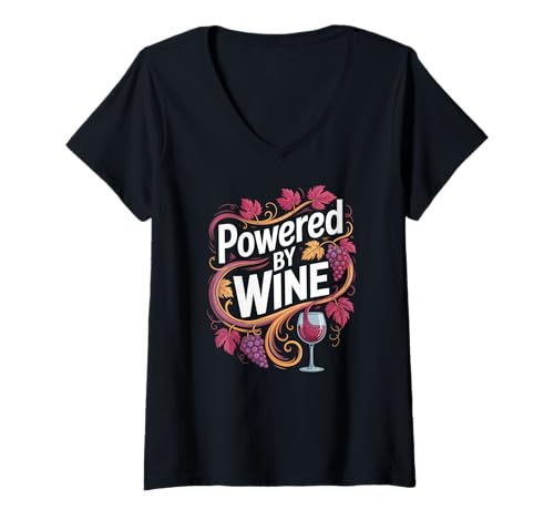 Damen Angetrieben von Wine Vine Grapes Humor T-Shirt mit V-Ausschnitt Damen Angetrieben von Wine Vine Grapes Humor T-Shirt mit V-Ausschnitt von Vino Enthusiasts Grapevine Charm