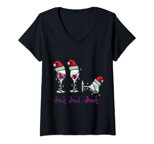 Damen DRINK DRANK DRUNK T-Shirt mit V-Ausschnitt Damen DRINK DRANK DRUNK T-Shirt mit V-Ausschnitt von Vino Winzer Rebensaft Riesling Rebstock Rosé