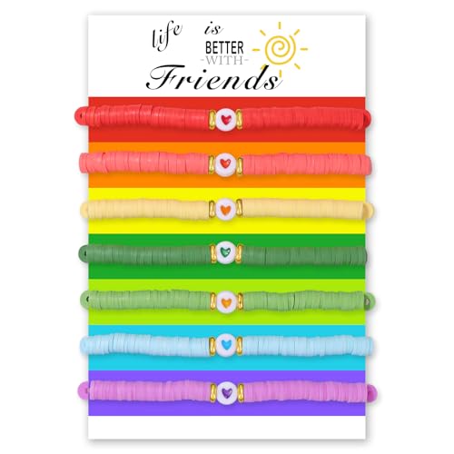 Vinswet 7-teiliges Freundschaftsarmbänder, Perlenarmbänder, niedliches Heishi-Surfer-Perlenarmbänder-Set für Frauen und Mädchen, adrette Stretch-Schichtung, stapelbar, Boho-Scheibe, Y2K, ästhetischer von Vinswet