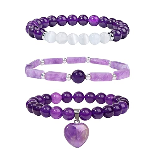 Vinswet Armband mit heilenden Kristallperlen für Damen, natürlicher Amethyst, Charm-Armband, Angst- und Stressabbau, Herz-Charm-Armband, handgefertigt, lila, Schmuck, Geschenke für Frauen, 19 cm von Vinswet