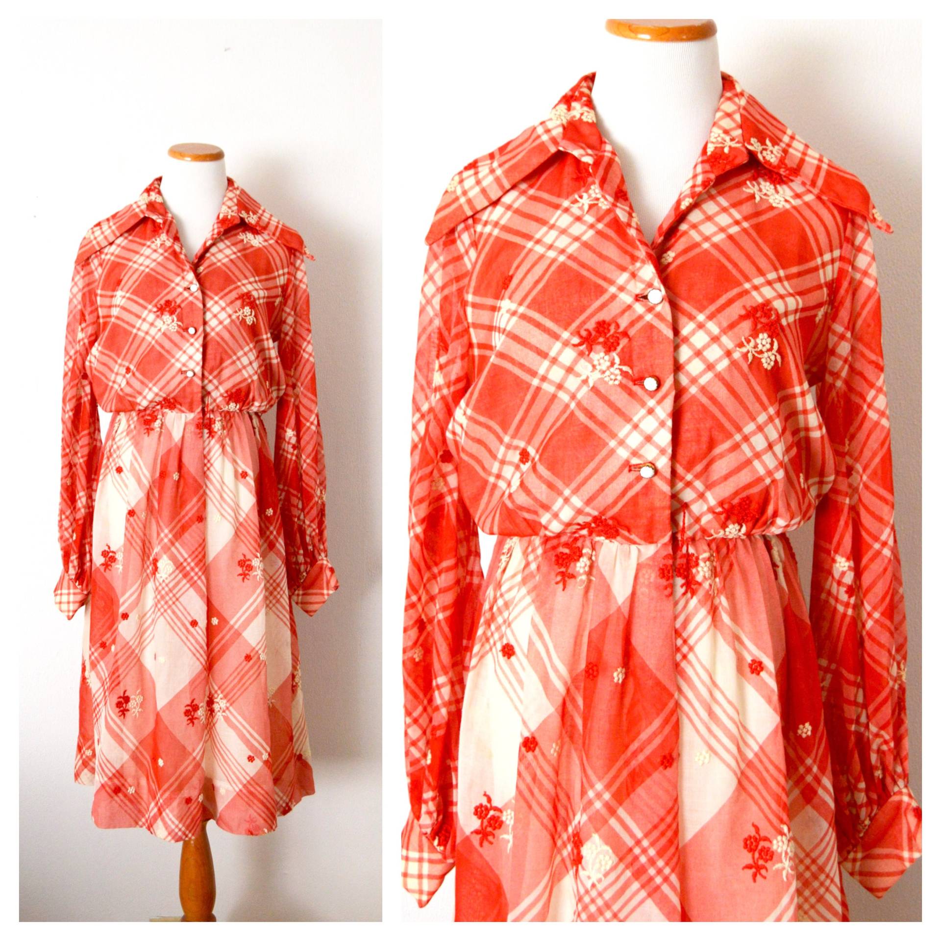 1970Er Jahre Shirt Kleid | Weiß & Rot Kariert Plaid Rockabilly Vintage 70Er Kragen Morton Myles Größe Kleine Medium von VintAgedThreads