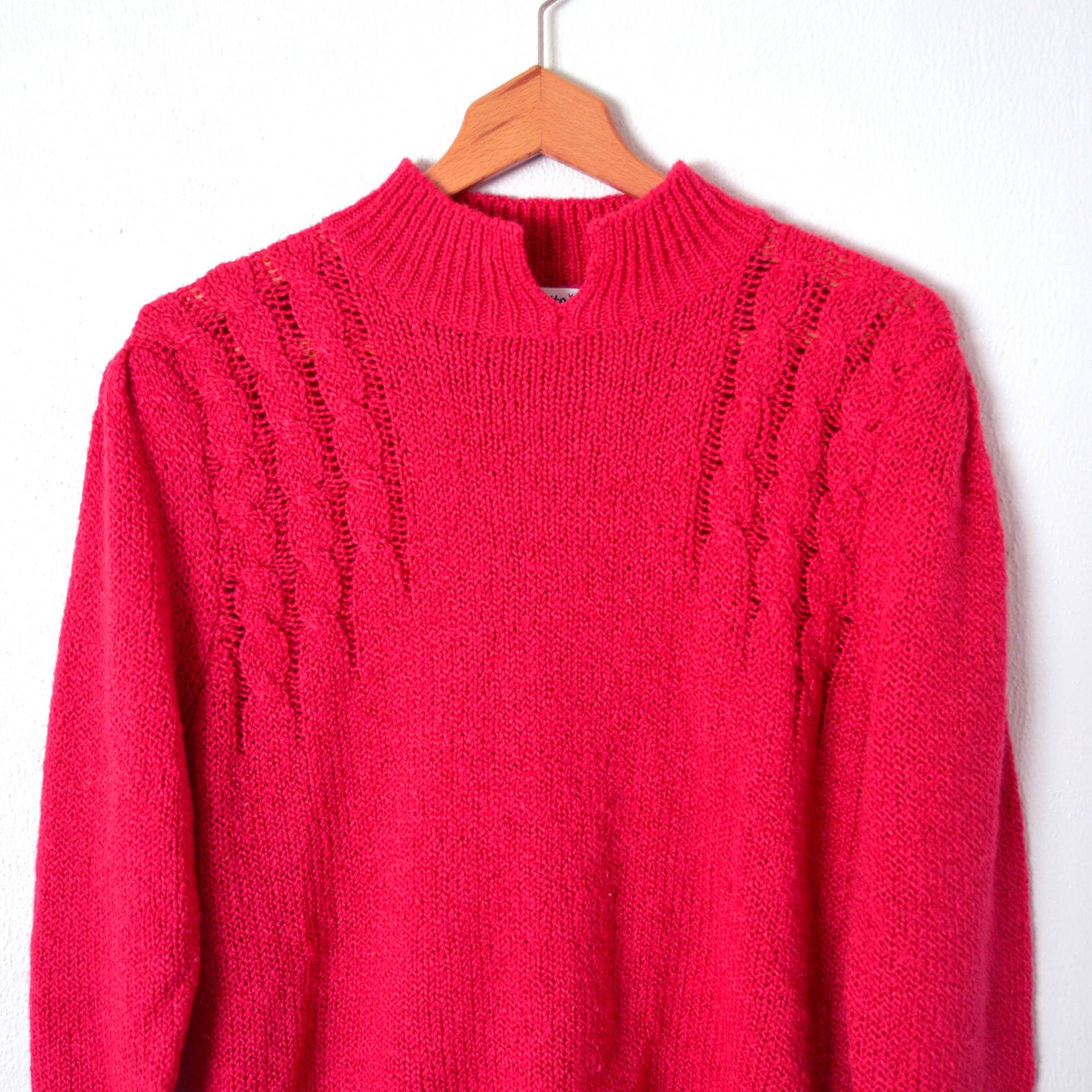 1980Er Jahre Rosa Strick Pullover | 80Er Zopfmuster Himbeerrosa Grobstrick-Pullover Mit Puffärmeln, Stehkragen, Größe L/Xl von VintAgedThreads