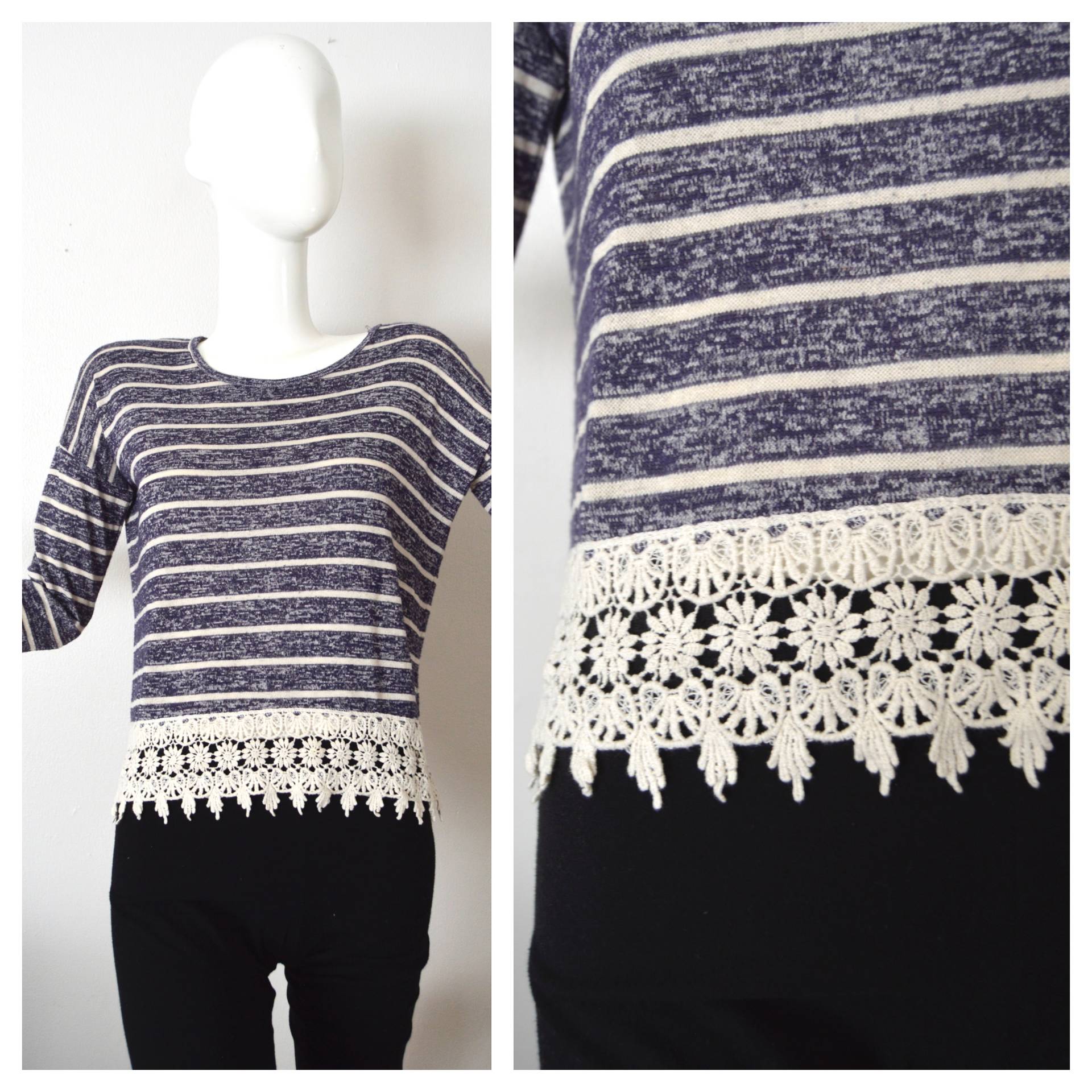 90Er Jahre Spitzen Crop Top | Blau Gestreiftes Kurzes Oberteil, Bestickte Spitzenbesatz-Bluse Pullover Strick Bluse Damen S Medium von VintAgedThreads