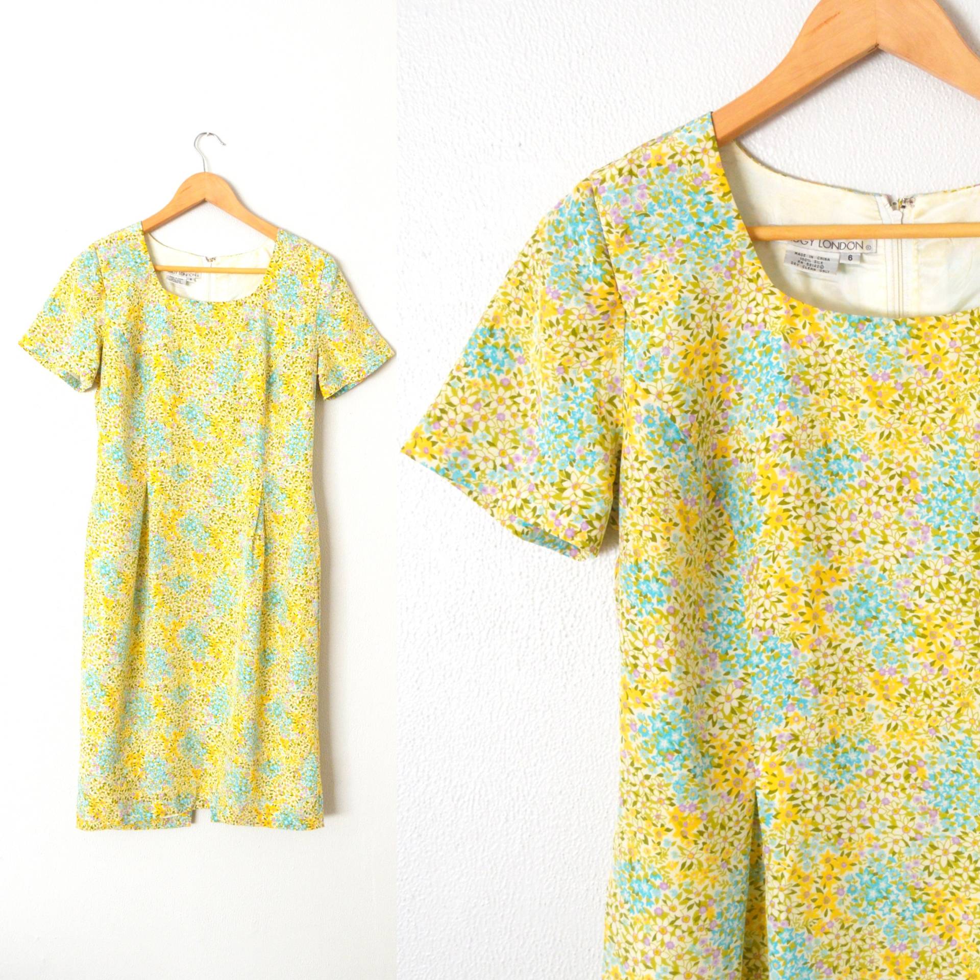 Maggy London Seide Cocktailkleid | Gelbe Blumenkleid Kurzarm Seidenscheidkleid Sommer Floral Gelb Kleid Größe 6 Klein von VintAgedThreads