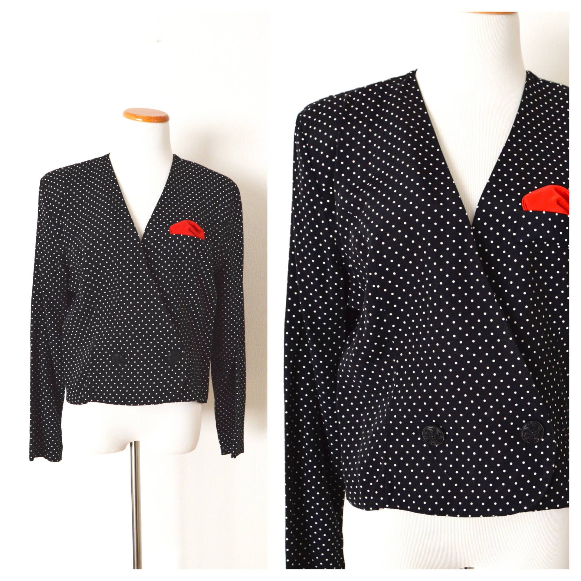 Schwarz & Weiß Polka Dot Blazer | 80Er Jahre Abgeschnitten Jacke Plunging V Neck Wrap Bluse Surplice Top von VintAgedThreads