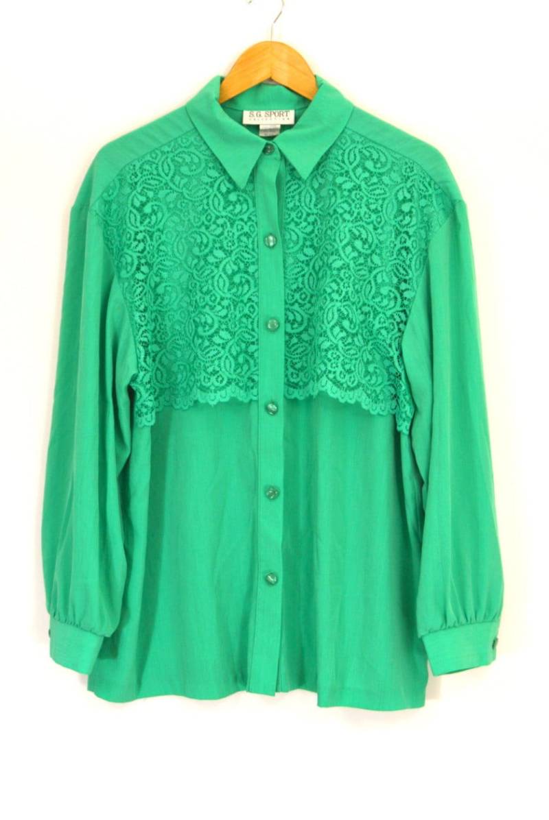 Vintage 80Er Jahre Mint Grün Spitze Button Down Bluse | Grüne Seidige Sekretärin Shirt Lange Knopf Daunenkleid Sg Sport Made in Usa Med Lg von VintAgedThreads