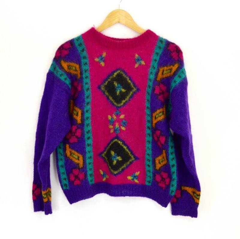 Vintage 80Er Jahre Mohair Pullover | Lila & Pink Fuzzy Grobstrick Rosa Blumen Winter Ski Michelle Stuart Med von VintAgedThreads