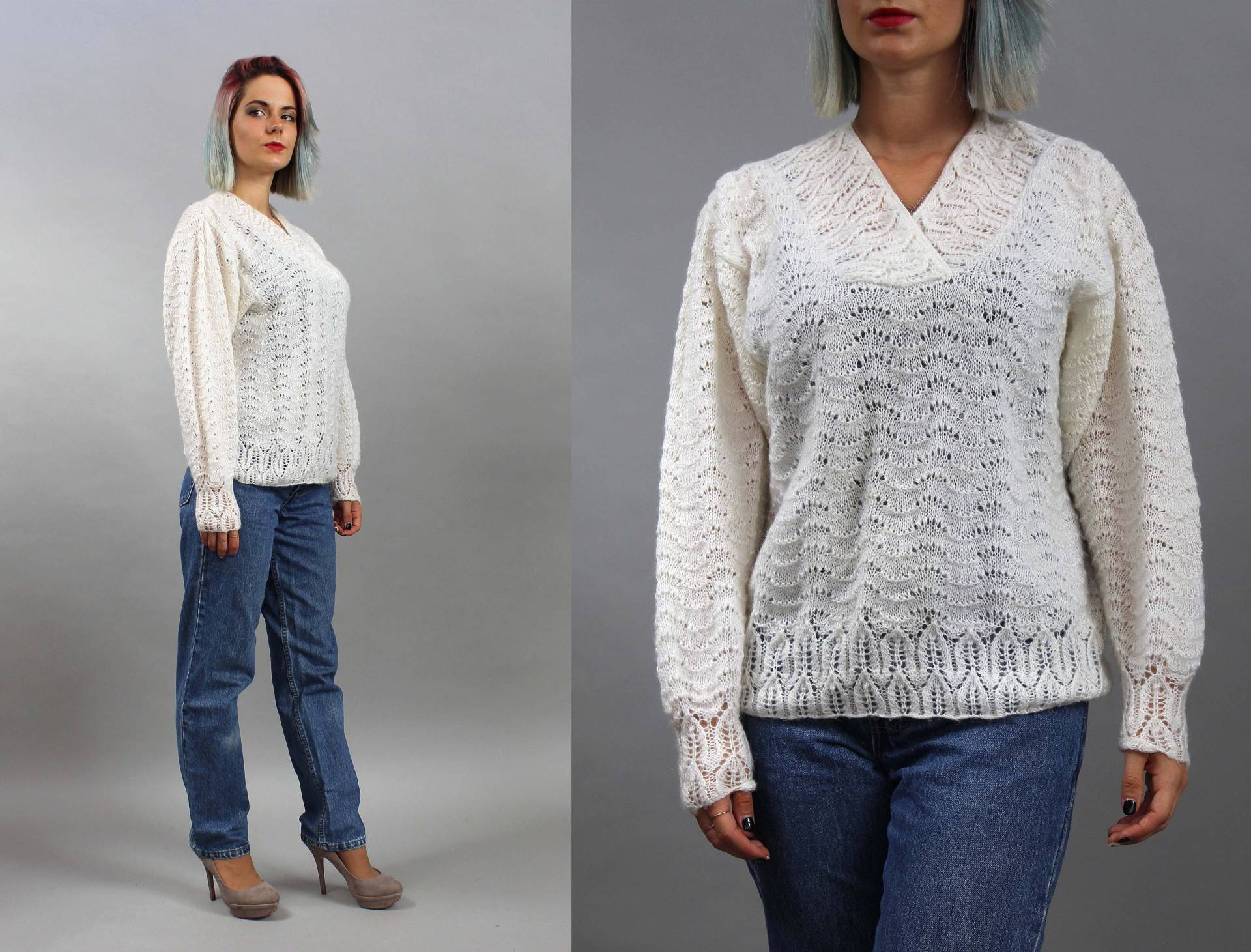 80Er Jahre Mod Handknit Weiß Wolle Lacy Pullover. Warme Dünne Spitze Strick Minimalist M Medium von VintSide