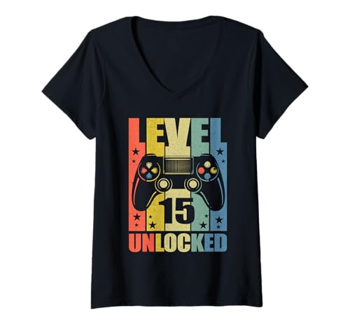 Damen Level 15 Unlocked Shirt Lustiges Geschenk zum 15. Geburtstag eines Videospielers T-Shirt mit V-Ausschnitt Damen Level 15 Unlocked Shirt Lustiges Geschenk zum 15. Geburtstag eines Videospielers T-Shirt mit V-Ausschnitt von Vintage 15th Birthday Shirts 15 Years Old