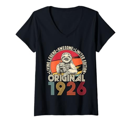 Damen Lustiges Vintage-Faultier zum Geburtstag von 1926. Fantastisch seit 1926 T-Shirt mit V-Ausschnitt von Vintage 1926 Retro Birthday Apparel