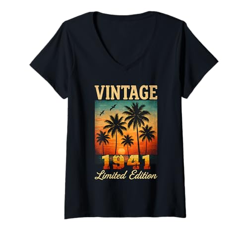 Damen Vintage 1941, Limitierte Auflage, Sunset Palm Trees, 84. Geburtstag T-Shirt mit V-Ausschnitt von Vintage 1941 Limited Edition birthday 84 Years old