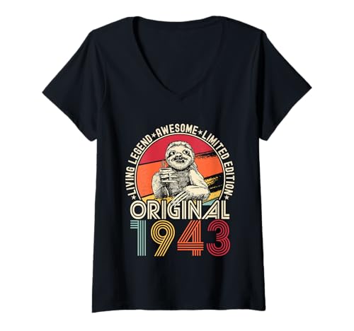 Damen Funny Vintage 1943 Birthday Faultier Awesome Since 1943 T-Shirt mit V-Ausschnitt Damen Funny Vintage 1943 Birthday Faultier Awesome Since 1943 T-Shirt mit V-Ausschnitt von Vintage 1943 Retro Birthday Apparel