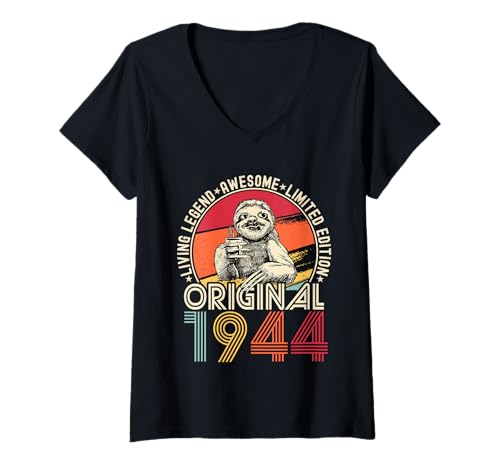 Damen Lustiges Vintage-Faultier zum Geburtstag von 1944, genial seit 1944 T-Shirt mit V-Ausschnitt Damen Lustiges Vintage-Faultier zum Geburtstag von 1944, genial seit 1944 T-Shirt mit V-Ausschnitt von Vintage 1944 Retro Birthday Apparel
