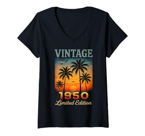 Damen Vintage 1950, Limitierte Auflage, Retro Palm, 75 Jahre alt, Geburtstag T-Shirt mit V-Ausschnitt Damen Vintage 1950, Limitierte Auflage, Retro Palm, 75 Jahre alt, Geburtstag T-Shirt mit V-Ausschnitt von Vintage 1950 Limited Edition birthday 75 Years old