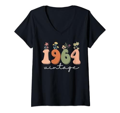 Damen Vintage 1964 Wildblumen 59 Jahre alt 59. Geburtstag Frauen T-Shirt mit V-Ausschnitt von Vintage 1964 Retro 59th Birthday Gift for Ladies