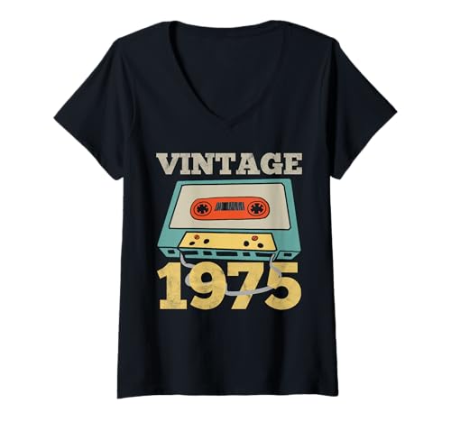 Damen Vintage 1975 Kassette Geburtstag T-Shirt mit V-Ausschnitt Damen Vintage 1975 Kassette Geburtstag T-Shirt mit V-Ausschnitt von Vintage 1975 Kassette Geburtstag Geschenke
