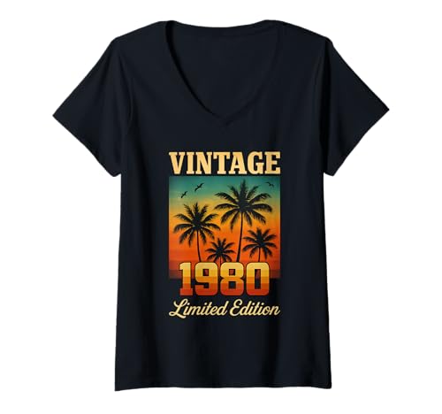 Damen Vintage 1980, Limitierte Auflage, 45 Jahre, Retro-Palme T-Shirt mit V-Ausschnitt Damen Vintage 1980, Limitierte Auflage, 45 Jahre, Retro-Palme T-Shirt mit V-Ausschnitt von Vintage 1980 Limited Edition birthday 45 Years old
