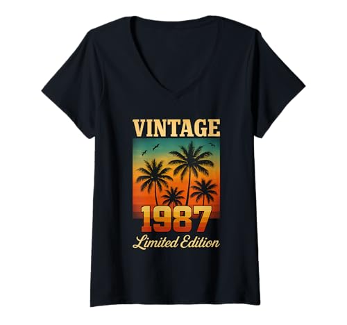 Damen Vintage 1987 Limited Edition 38 Jahre Old Birthday Retro Palm T-Shirt mit V-Ausschnitt Damen Vintage 1987 Limited Edition 38 Jahre Old Birthday Retro Palm T-Shirt mit V-Ausschnitt von Vintage 1987 Limited Edition birthday 38 Years old