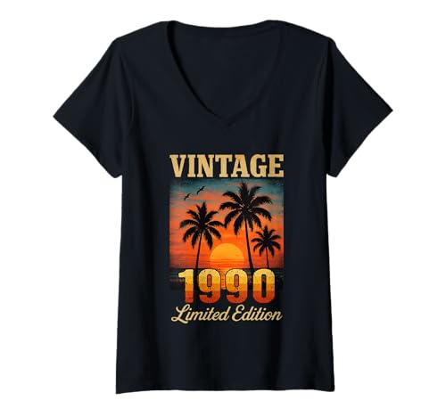 Damen Vintage 1990, Limitierte Auflage, Retro Palm, 35 Jahre alt, Geburtstag T-Shirt mit V-Ausschnitt Damen Vintage 1990, Limitierte Auflage, Retro Palm, 35 Jahre alt, Geburtstag T-Shirt mit V-Ausschnitt von Vintage 1990 Limited Edition birthday 35 Years old