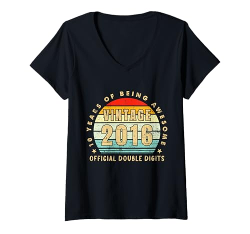 Damen Vintage 2016 Offizieller Doppelstelliger 10. Geburtstag T-Shirt mit V-Ausschnitt Damen Vintage 2016 Offizieller Doppelstelliger 10. Geburtstag T-Shirt mit V-Ausschnitt von Vintage 2016 10th Birthday Gifts For Boys Girls