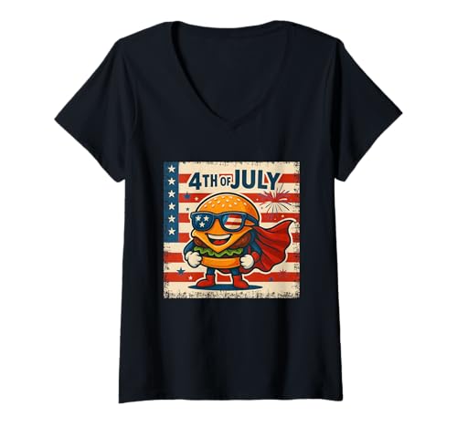 Damen Patriotischer Burger Hero 4. Juli Sterne als Streifen T-Shirt mit V-Ausschnitt Damen Patriotischer Burger Hero 4. Juli Sterne als Streifen T-Shirt mit V-Ausschnitt von Vintage 4th of July Burger Freedom Fun