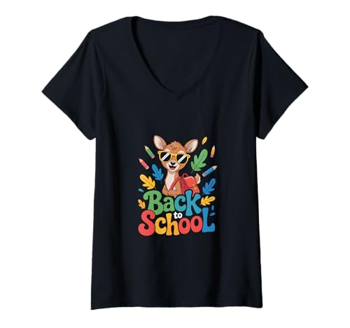 Damen Retro zurück in die Schule süße Hirsche mit Sonnenbrille T-Shirt mit V-Ausschnitt Damen Retro zurück in die Schule süße Hirsche mit Sonnenbrille T-Shirt mit V-Ausschnitt von Vintage 60s Retro Design for Kids