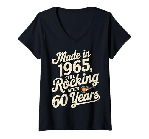 Damen Hergestellt im Jahr 1965, nach 60 Jahren noch rockend Retro-Musik T-Shirt mit V-Ausschnitt Damen Hergestellt im Jahr 1965, nach 60 Jahren noch rockend Retro-Musik T-Shirt mit V-Ausschnitt von Vintage 60th Birthday Rock Music Apparel
