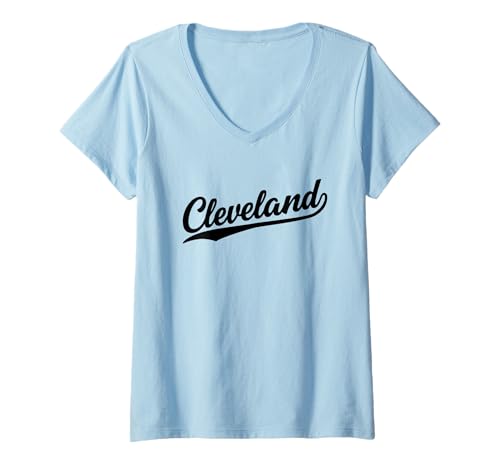 Damen Cleveland Ohio Cool Retro Script 1970er Schwarze Textgrafik T-Shirt mit V-Ausschnitt von Vintage 70s Cursive Typography Sports Tees