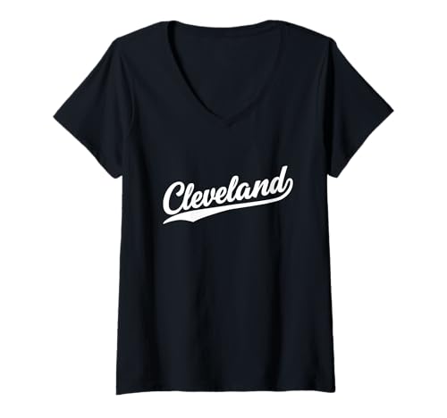 Damen Cleveland Ohio Cool Retro Script 1970er Weiße Textgrafik T-Shirt mit V-Ausschnitt von Vintage 70s Cursive Typography Sports Tees