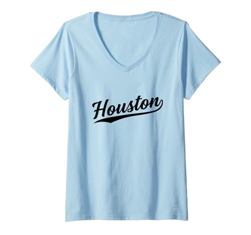 Damen Houston Texas Cool Retro Script 1970er Schwarze Textgrafik T-Shirt mit V-Ausschnitt von Vintage 70s Cursive Typography Sports Tees