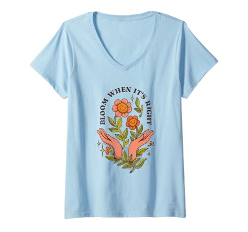 Damen Bloom When Its Right – Vintage 70er Jahre Blumenhände Natur Kunst T-Shirt mit V-Ausschnitt von Vintage 70s Motivational Quotes