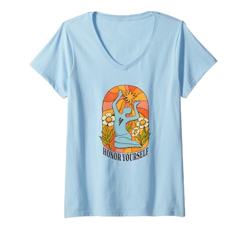 Damen Honor Yourself – Vintage 70er Jahre Sonne Blume Friedenskunst T-Shirt mit V-Ausschnitt von Vintage 70s Motivational Quotes