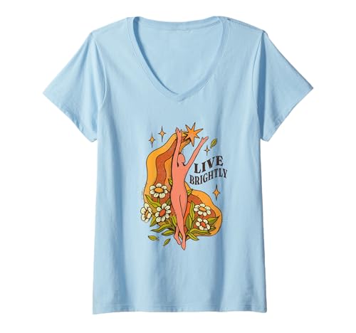 Damen Live Brightly Flower Power Vintage-Kunst im Retro-Look T-Shirt mit V-Ausschnitt Damen Live Brightly Flower Power Vintage-Kunst im Retro-Look T-Shirt mit V-Ausschnitt von Vintage 70s Motivational Quotes
