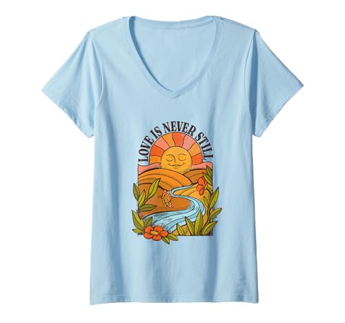 Damen Love is Never Still – Vintage 70er Jahre Sonne Fluss Natur Kunst T-Shirt mit V-Ausschnitt von Vintage 70s Motivational Quotes