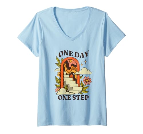 Damen One Day One Step – Vintage Inspirierende Treppe Floral T-Shirt mit V-Ausschnitt von Vintage 70s Motivational Quotes