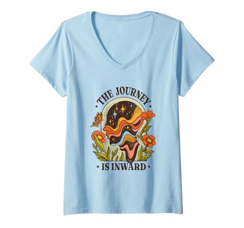Damen The Journey is Inward – Vintage 70er Jahre Meditationskunst T-Shirt mit V-Ausschnitt von Vintage 70s Motivational Quotes