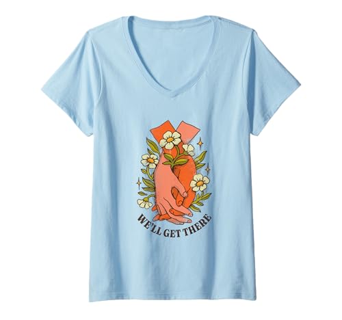 Damen We'll Get There - Vintage 70er Jahre Hände Blume Friedenskunst T-Shirt mit V-Ausschnitt von Vintage 70s Motivational Quotes