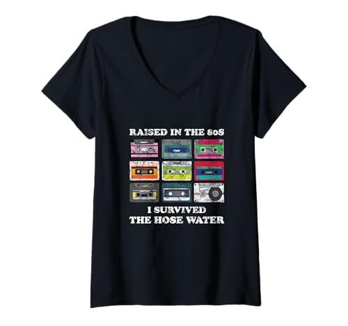 Damen Raised in The 80s. I Survived Hose Water. Funny Women Men T-Shirt mit V-Ausschnitt von Vintage 80s 90s GenerationX Classic Retro Apparel